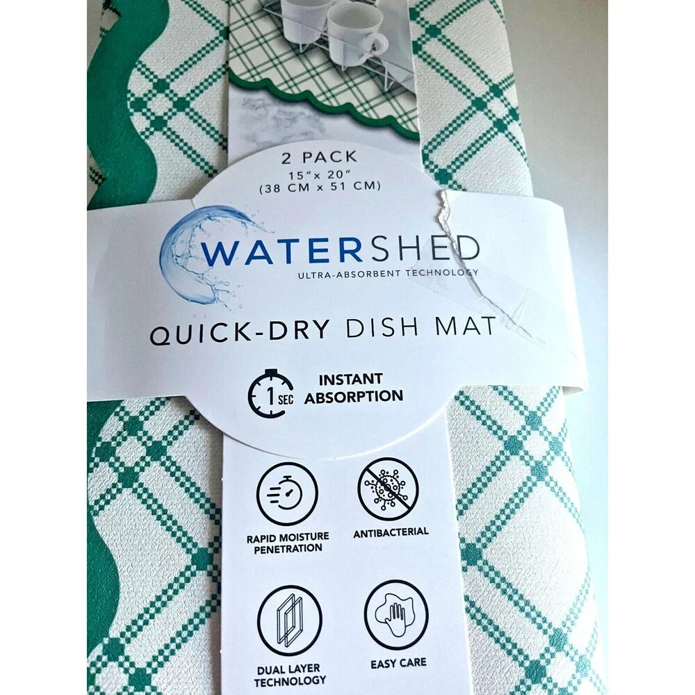 Watershed Quick Dry Kitchen Dish Drying Mat Set Of 2 Green Plaid Rubber Back